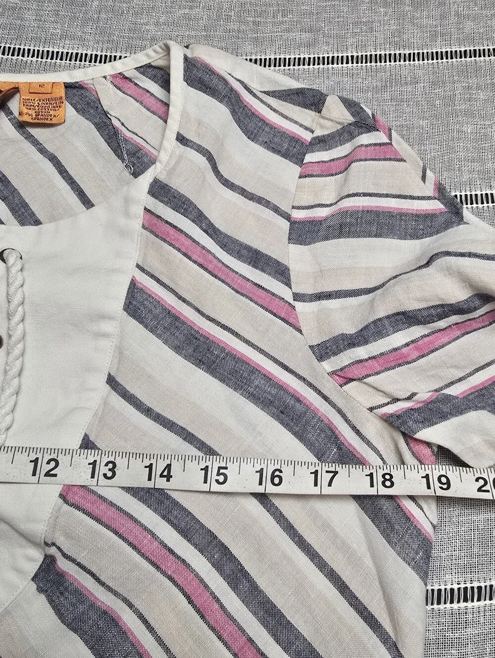 Tory Burch Linen Tunic Top Sz 12 Striped Lace Up Neck Long Sleeve Beach Resort